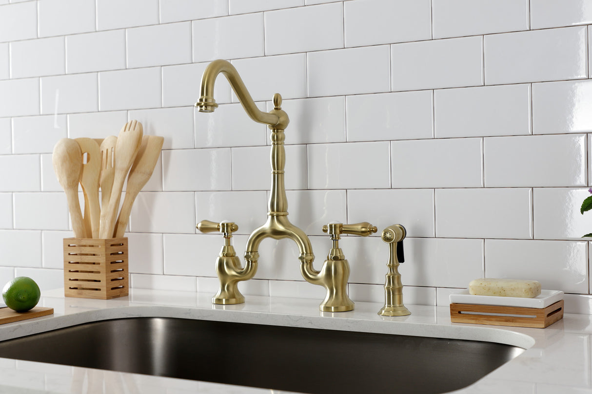 Kingston Brass KS7757BALBS Heirloom Bridge Kitchen Faucet with Brass Sprayer, Brushed Brass
