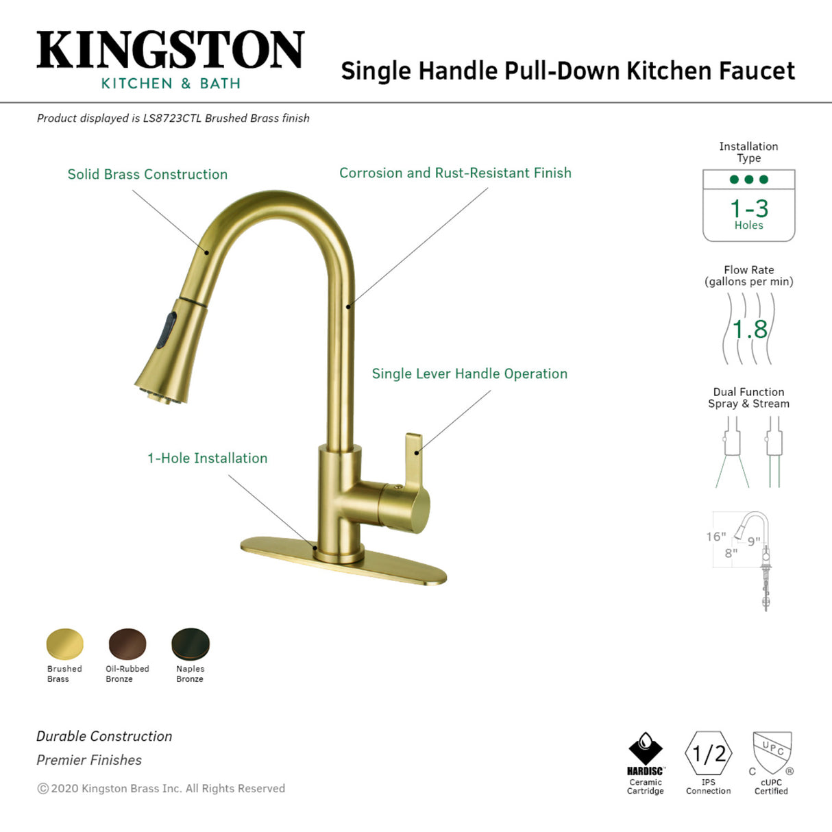Gourmetier LS8725CTL Continental Single-Handle Pull-Down Kitchen Faucet, Oil Rubbed Bronze