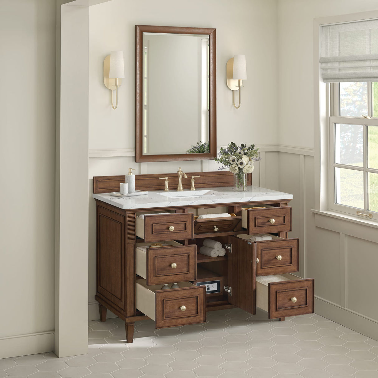 Lorelai 48" Single Vanity, Mid-Century Walnut w/ 3 CM Ethereal Noctis Silestone Top w/FreePower Wireless Charger