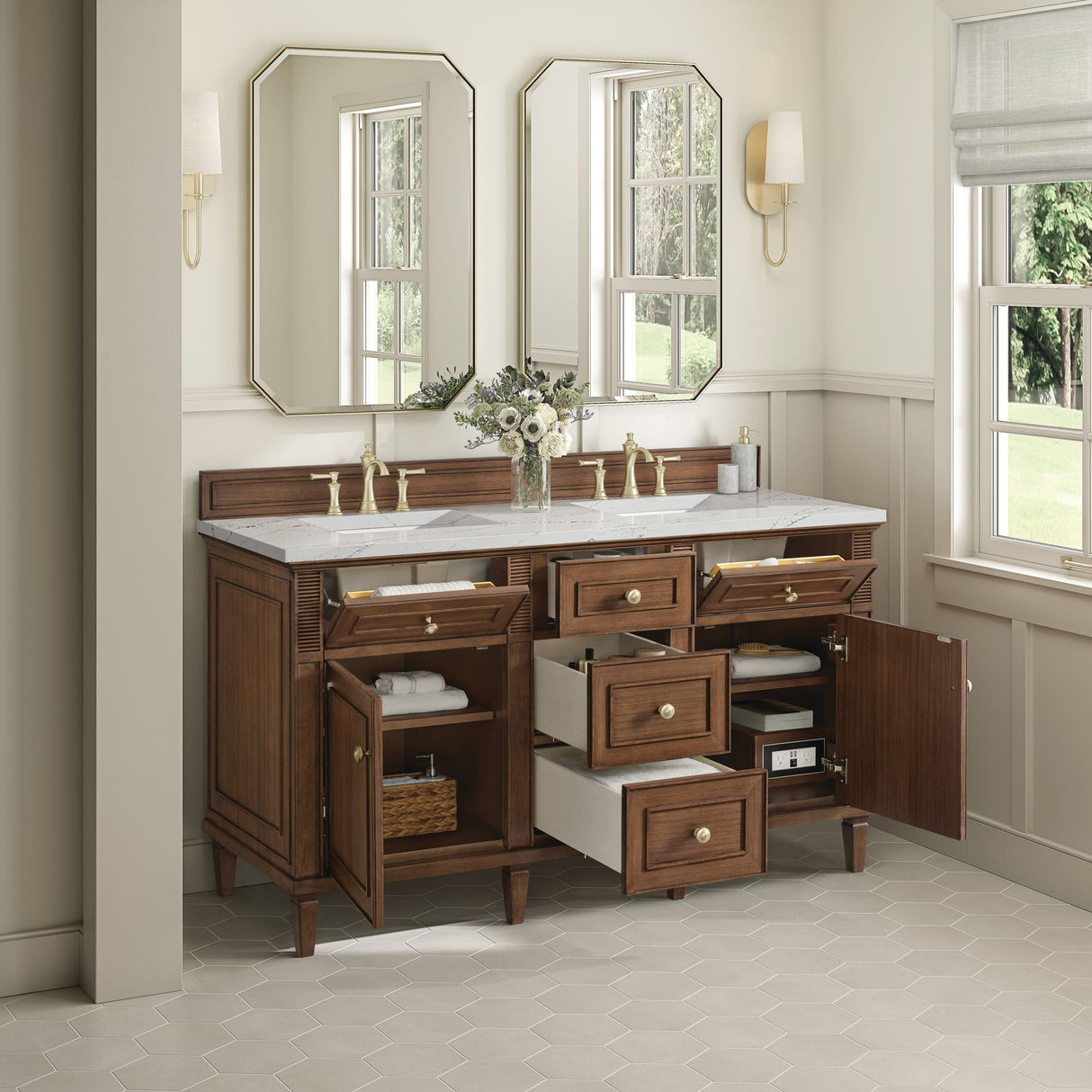 Lorelai 60" Double Vanity, Mid-Century Walnut w/ 3 CM Ethereal Noctis Silestone Top