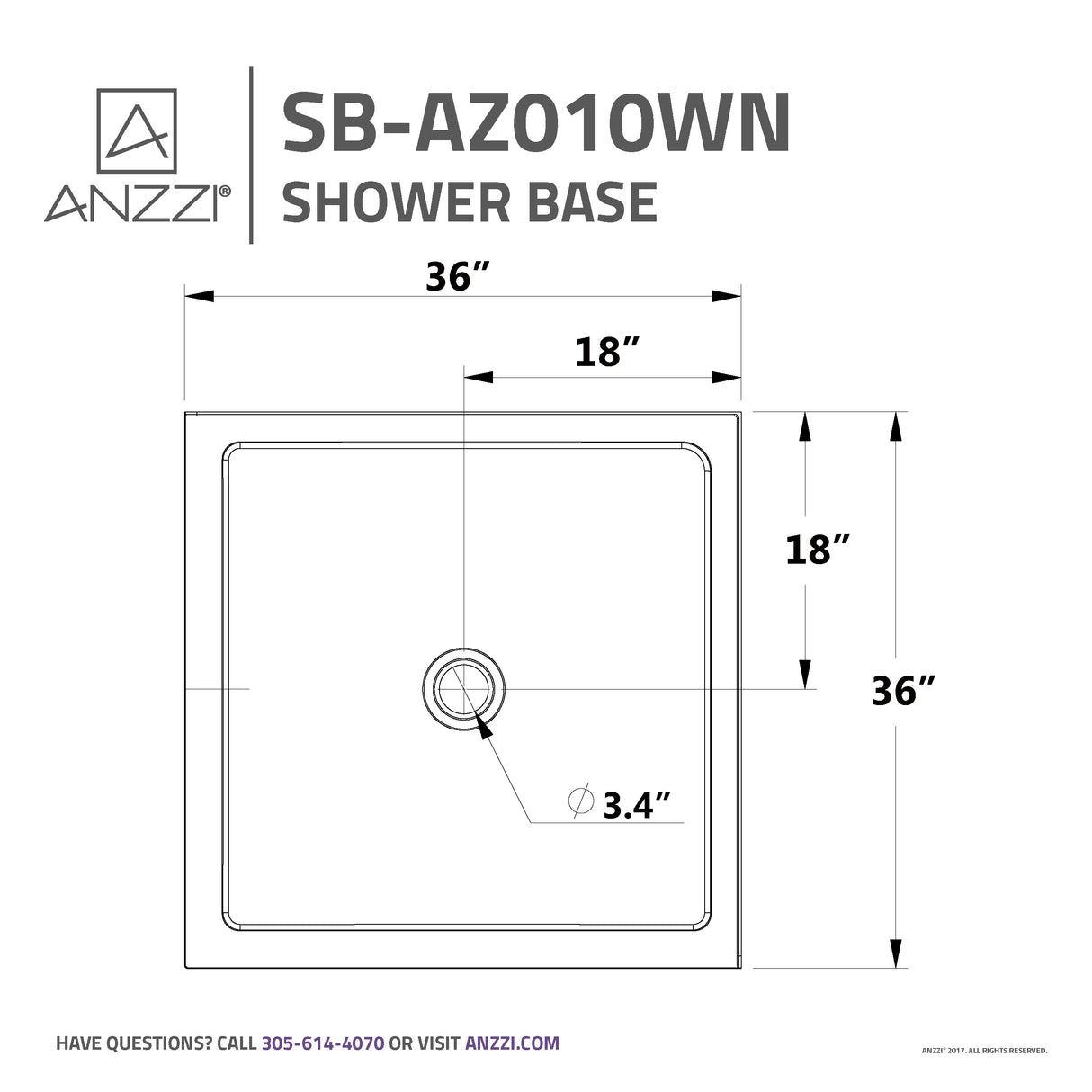 ANZZI SB-AZ010WN-R Series 38 in. x 38 in. Shower Base in White