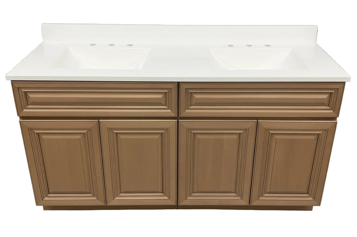 J&K Cabinetry 60" Cinnamon Double Vanity - Warm Wood Finish with Cultured Marble Top