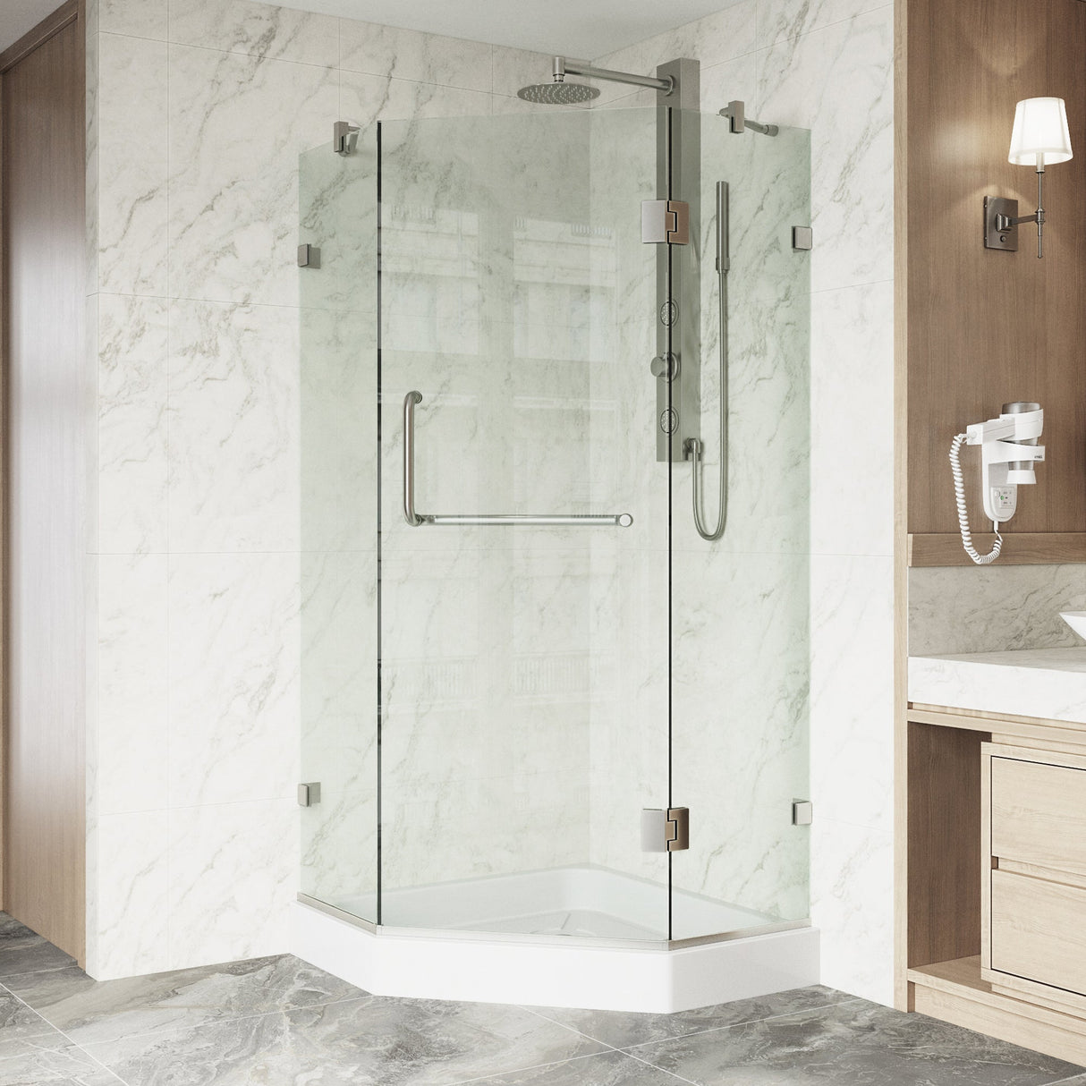 VIGO Piedmont 36.125 W x 70.375 H Frameless Hinged Shower Enclosure in Brushed Nickel with shower base and handle VG6062BNCL36W