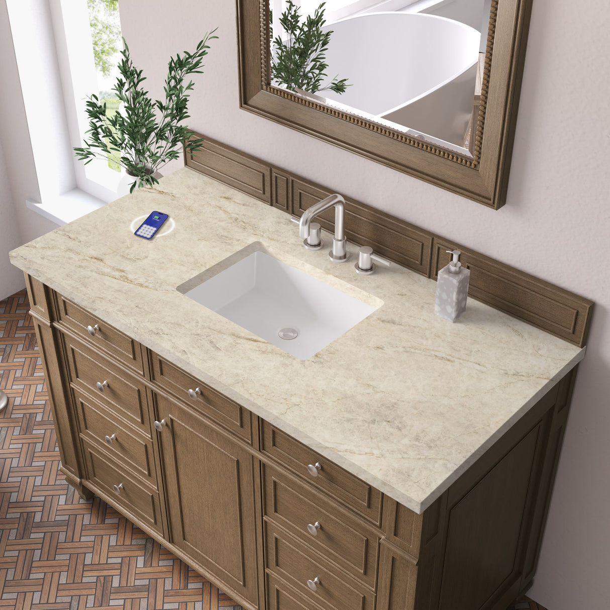 Bristol 48" Single Vanity, Saddle Brown, w/ 3 CM Tajnar Eclos Top w/FreePower Wireless Charger