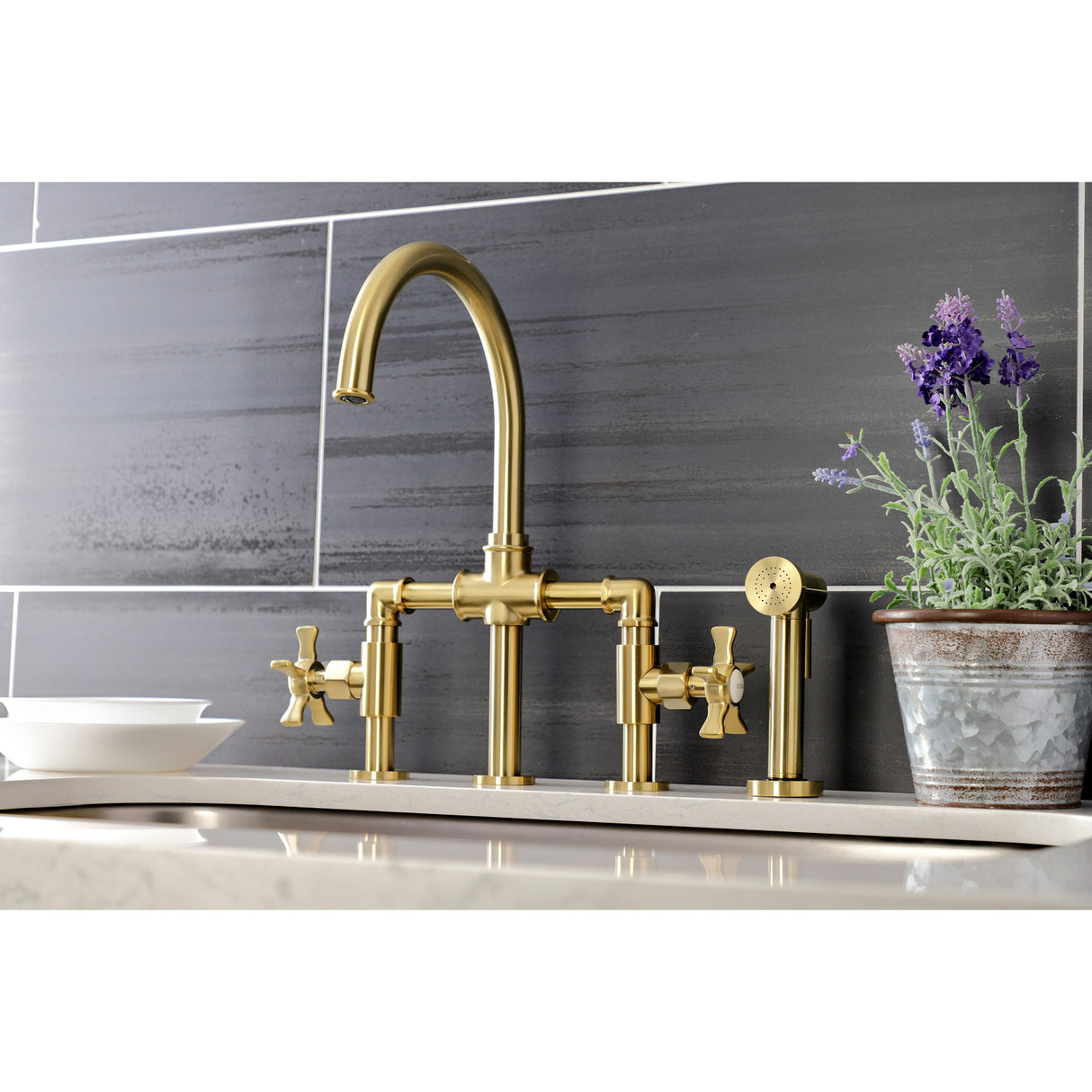 Kingston Brass KS2337NX Hamilton Industrial Style Bridge Kitchen Faucet with Brass Sprayer, Brushed Brass