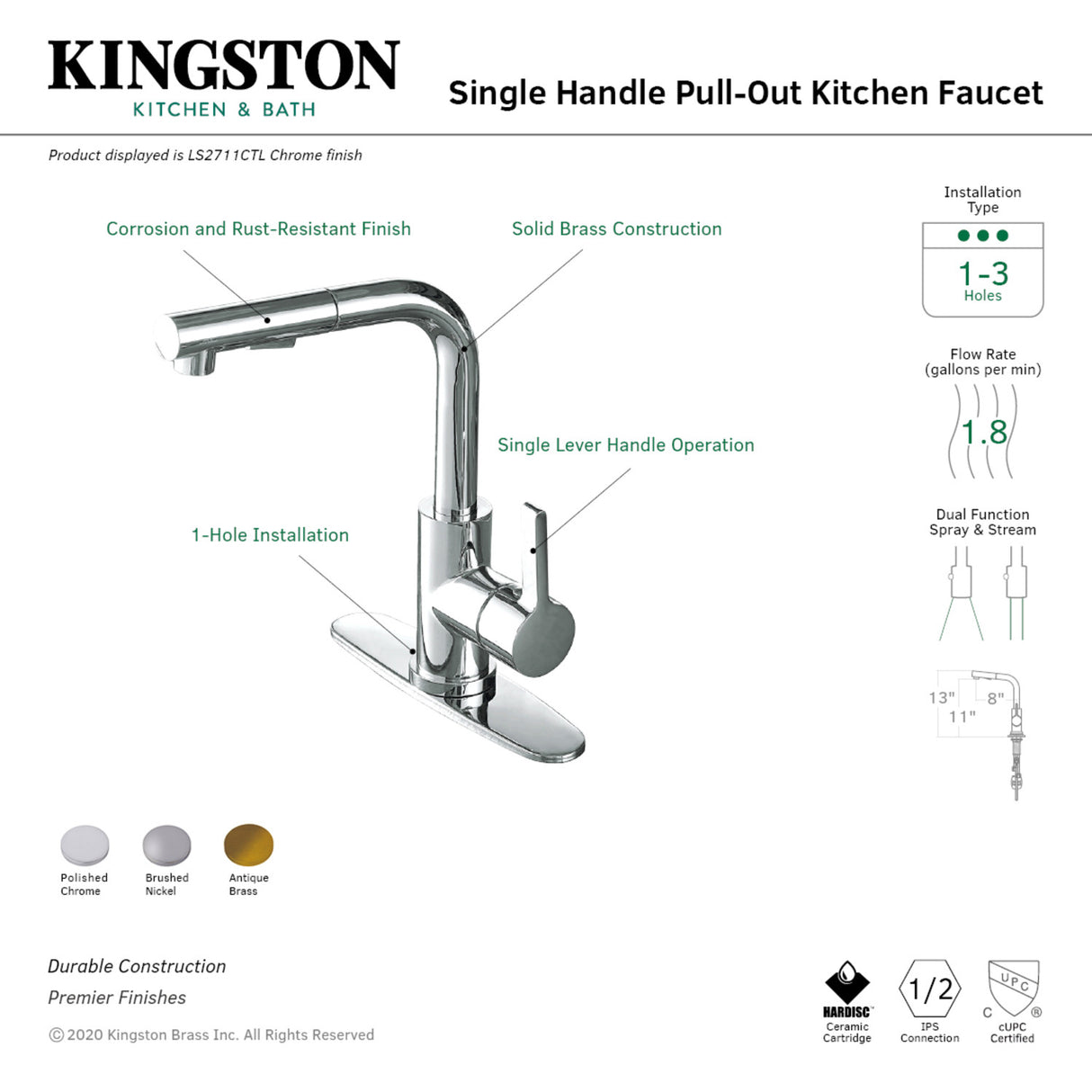 Gourmetier LS2718CTL Continental Single-Handle Kitchen Faucet with Pull-Out Sprayer, Brushed Nickel