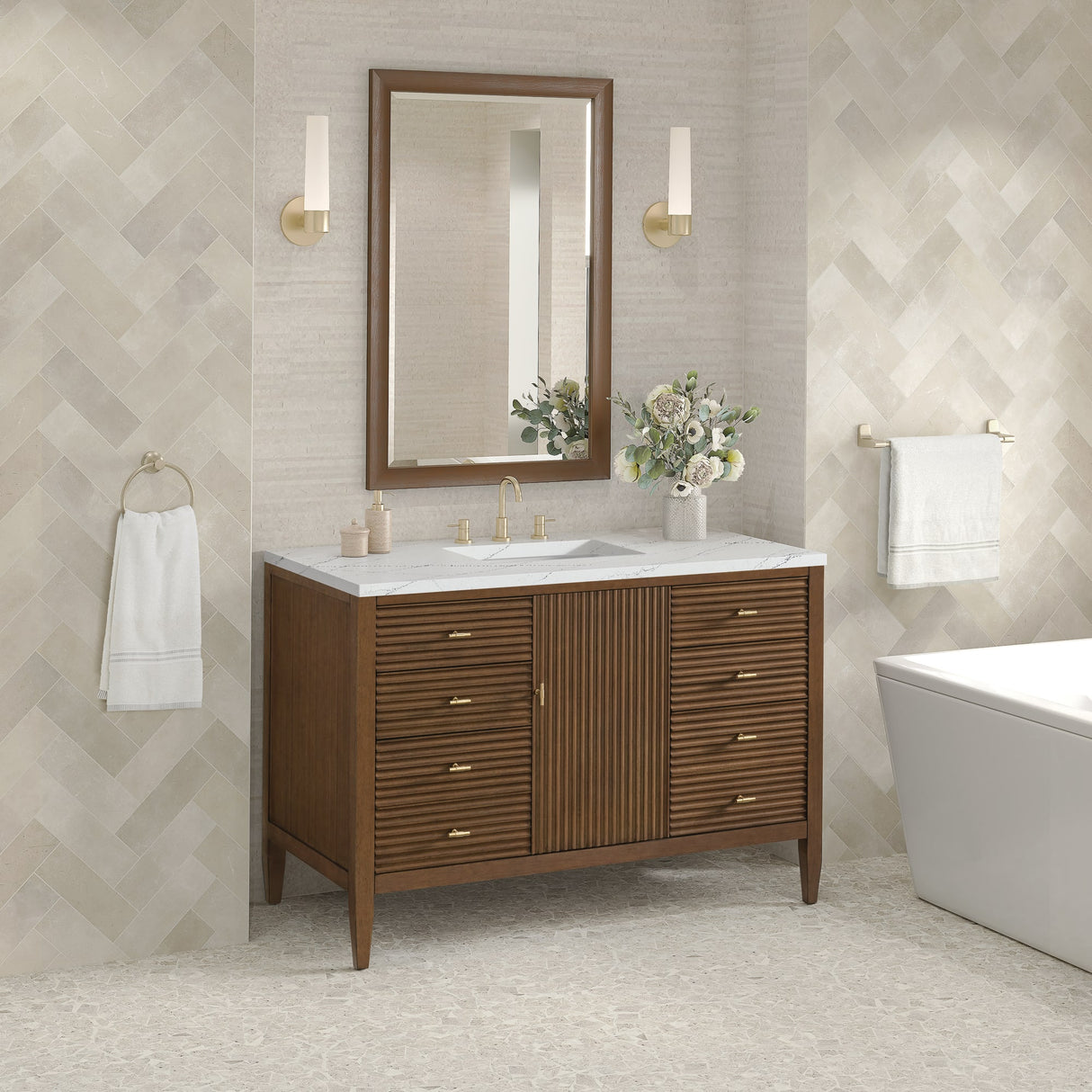 Myrrin 48" Single Vanity, Mid Century Walnut w/ 3 CM Ethereal Noctis Silestone Top