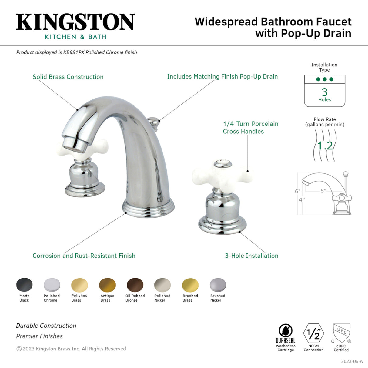 Kingston Brass KB980PX Victorian 2-Handle 8 in. Widespread Bathroom Faucet, Matte Black