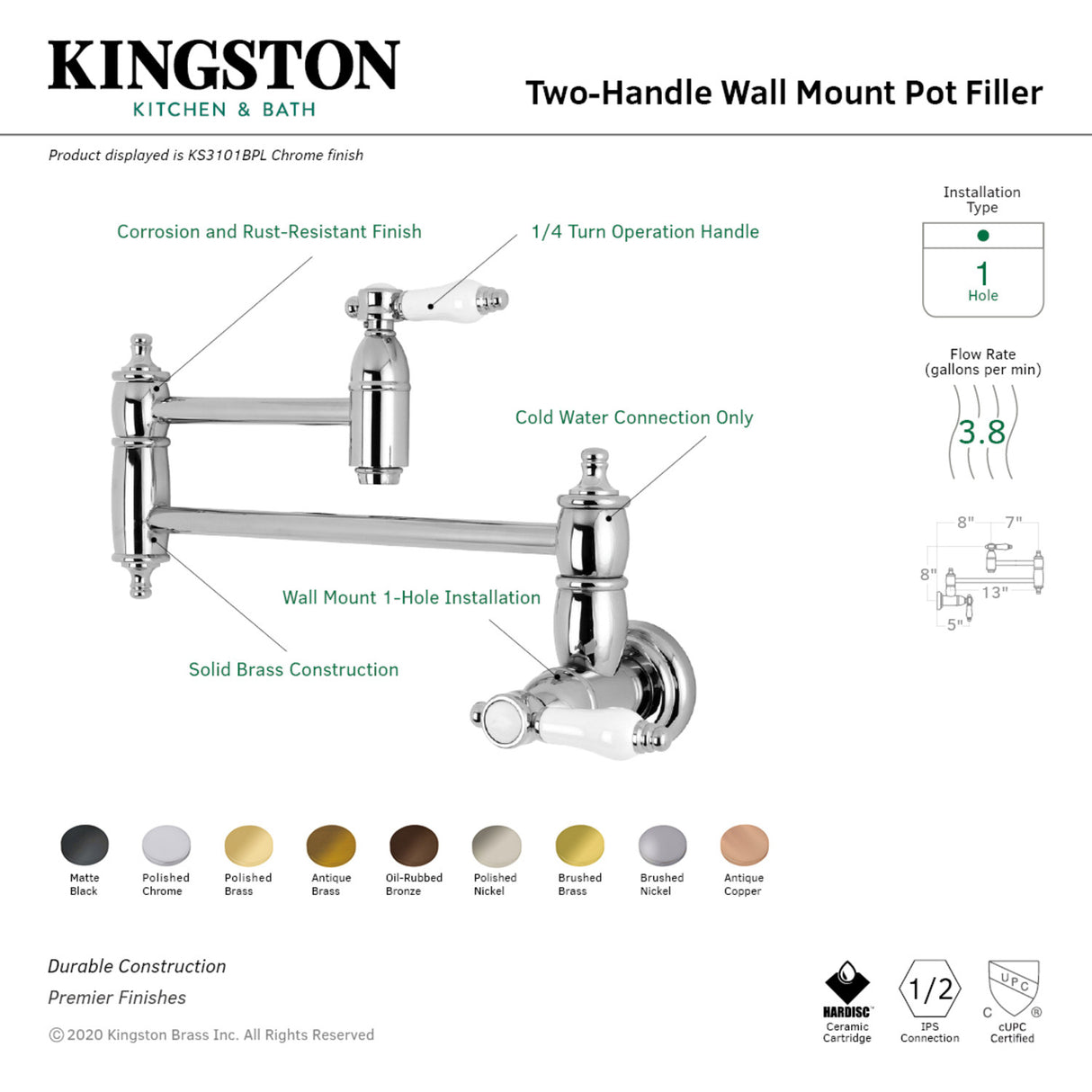 Kingston Brass KS3100BPL Bel-Air Wall Mount Pot Filler Kitchen Faucet, Matte Black