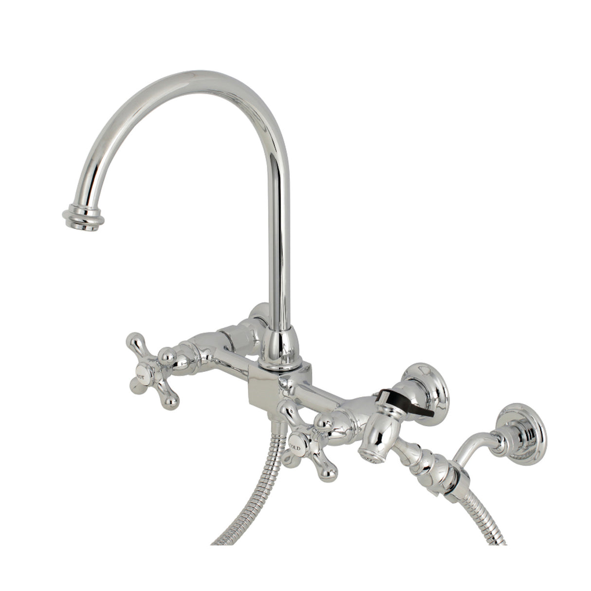 Kingston Brass KS1291AXBS Restoration Wall Mount Bridge Kitchen Faucet with Brass Sprayer, Polished Chrome
