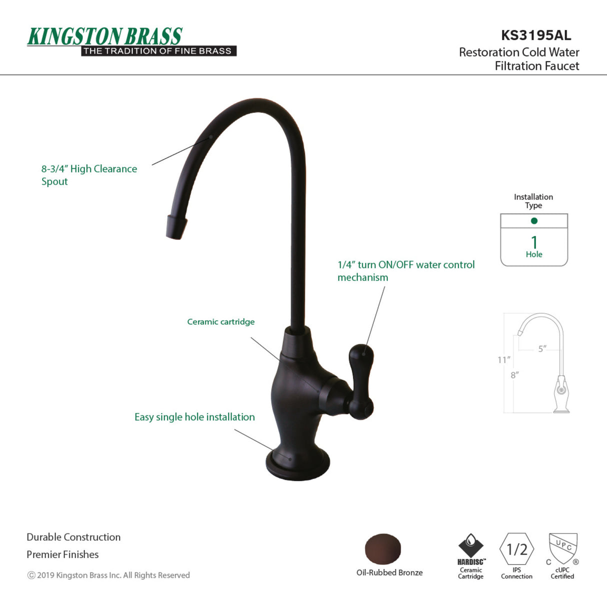 Kingston Brass KS3195AL Restoration Single Handle Water Filtration Faucet, Oil Rubbed Bronze