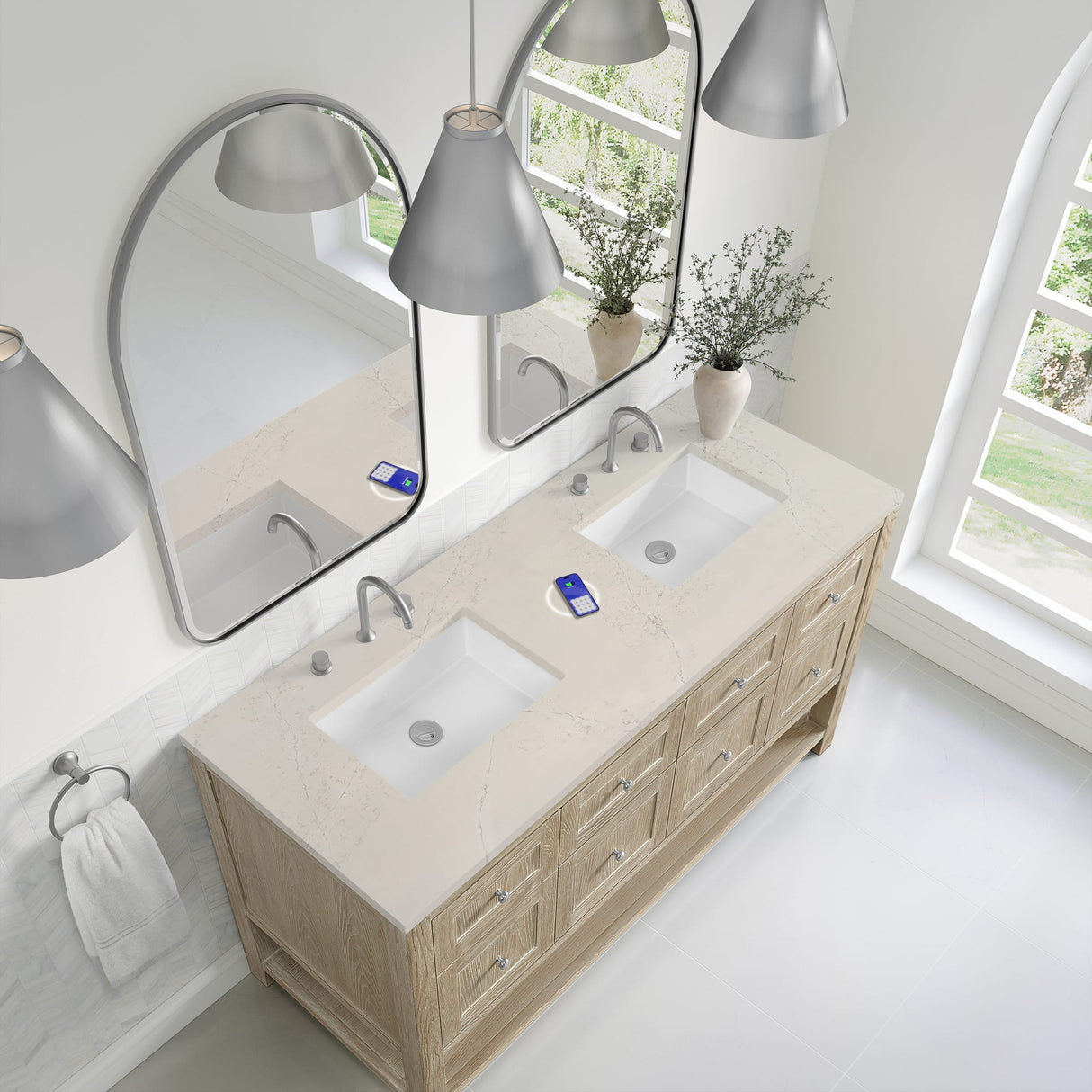 Breckenridge 60" Double Vanity, Whitewashed Oak, w/ 3 CM Siberian Silestone Top w/FreePower Wireless Charger