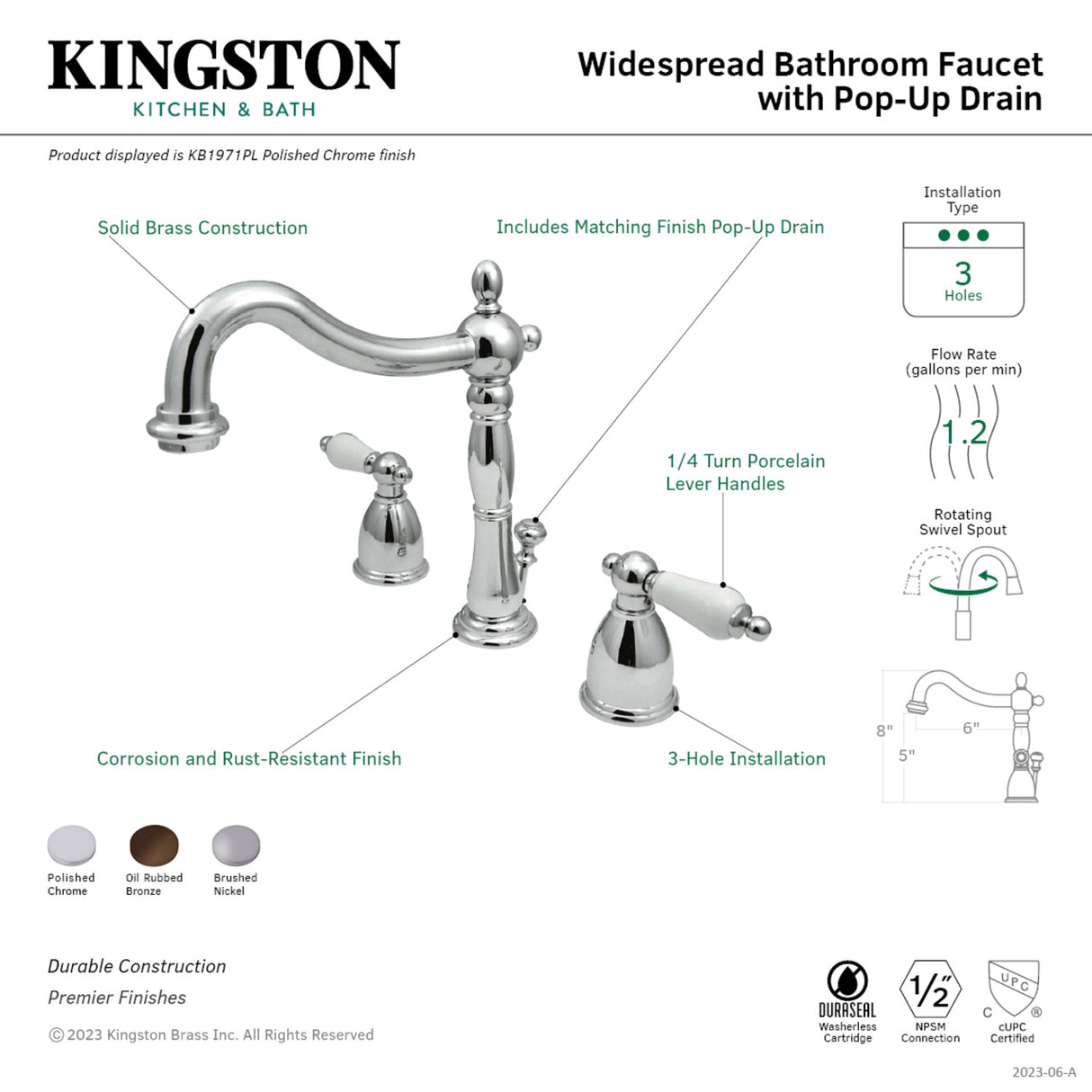 Kingston Brass KB1978PL Heritage Widespread Bathroom Faucet with Plastic Pop-Up, Brushed Nickel