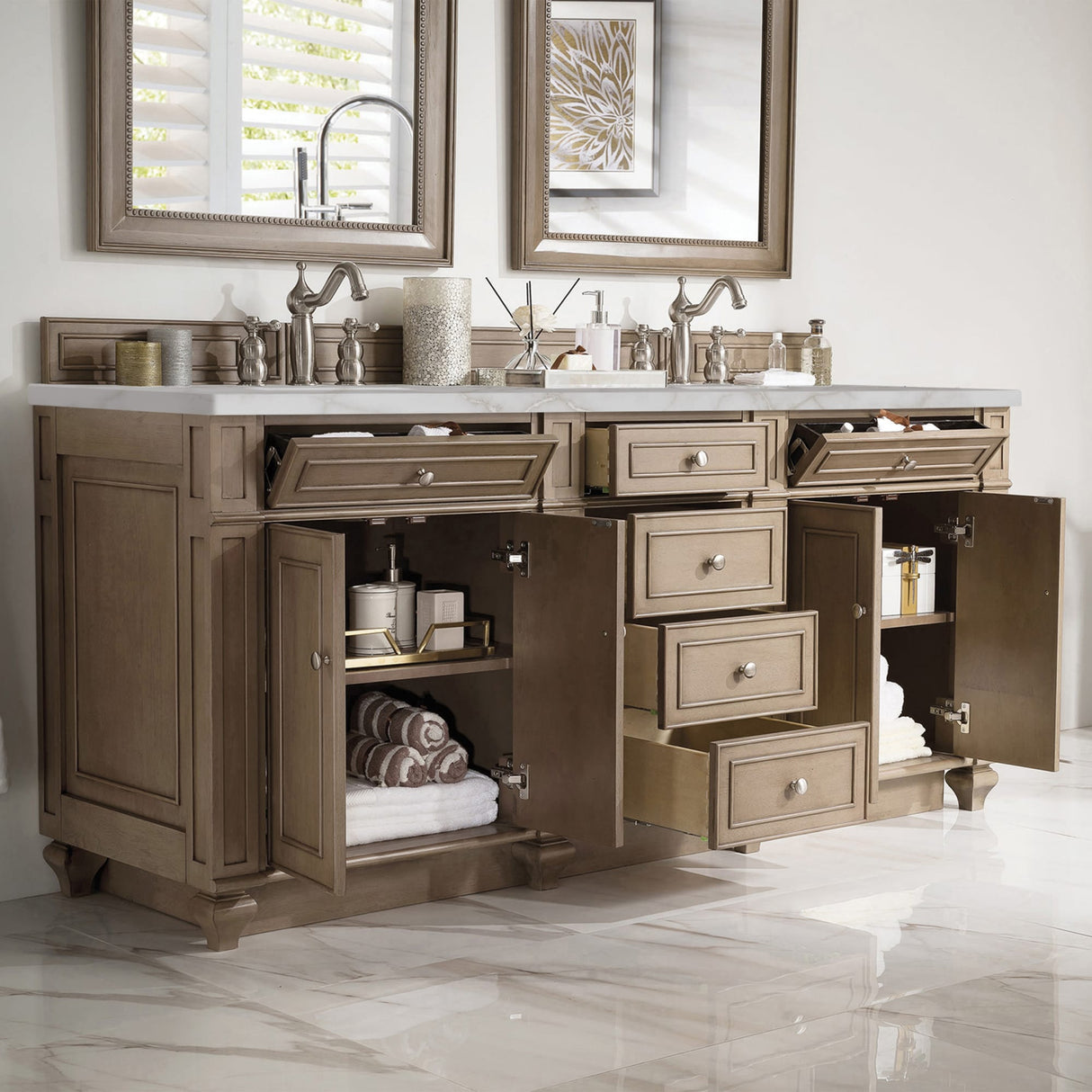 Bristol 72" Double Vanity, Whitewashed Walnut w/ 3 CM Victorian Silver Silestone Top w/FreePower Wireless Charger