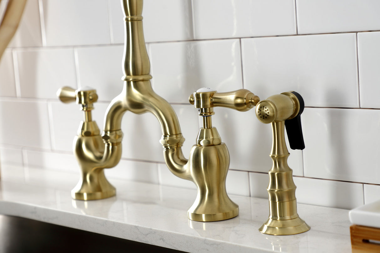 Kingston Brass KS7757BALBS Heirloom Bridge Kitchen Faucet with Brass Sprayer, Brushed Brass