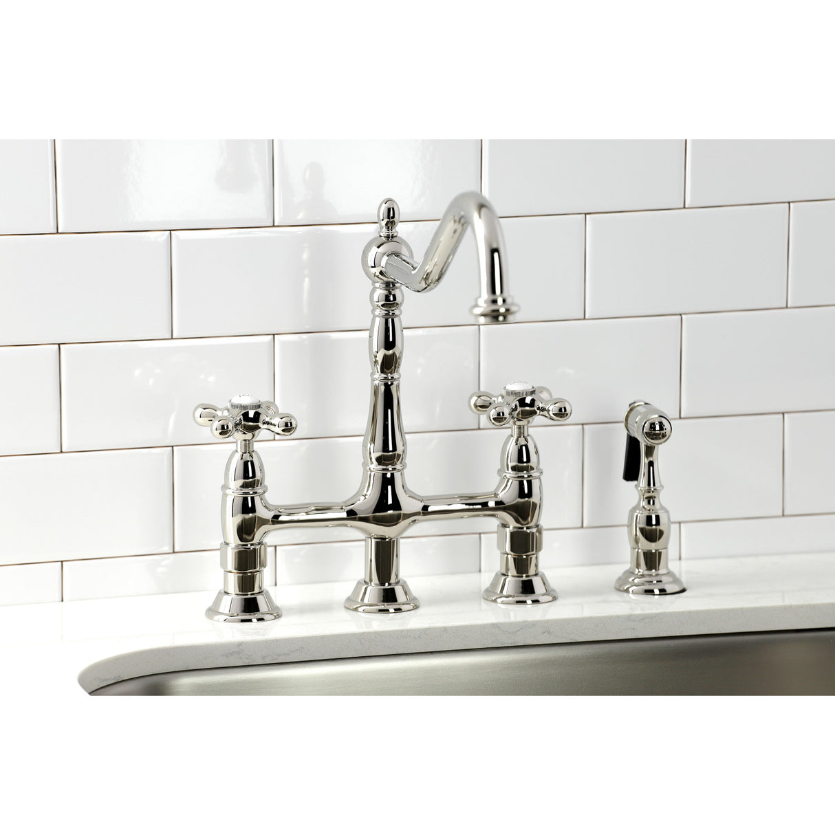 Kingston Brass KS1276AXBS Heritage Bridge Kitchen Faucet with Brass Sprayer, Polished Nickel