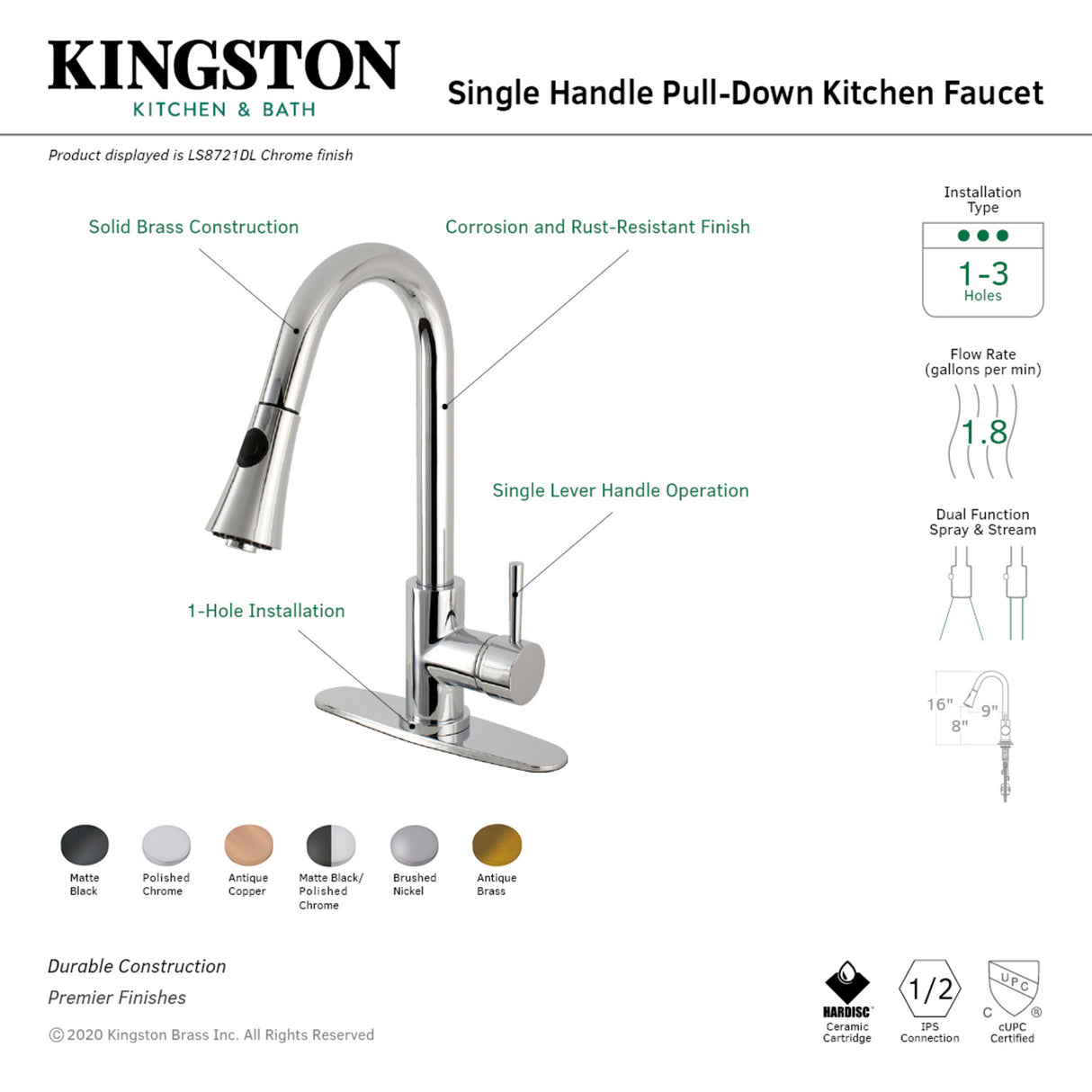 Gourmetier LS8720DL Concord Single-Handle Pull-Down Kitchen Faucet, Matte Black