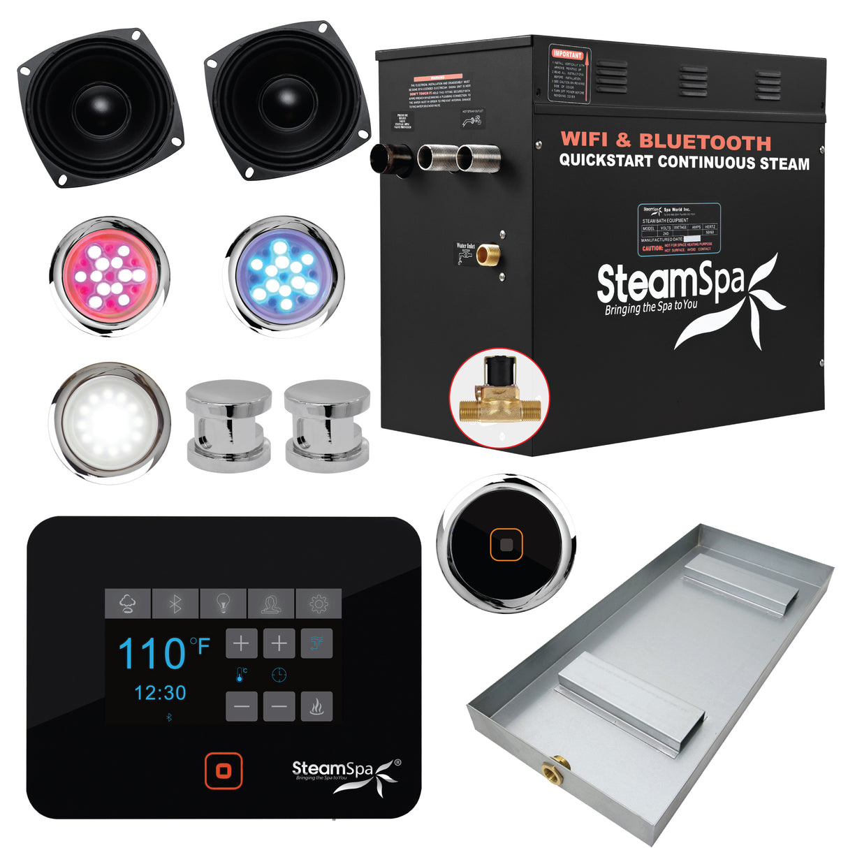 Steam Shower Generator Kit System | Polished Chrome + Self Drain Combo| Enclosure Steamer Sauna Spa Stall Package|Touch Screen Wifi App/Bluetooth Control Panel |12 kW Raven | SS-RVB1200CH-A SS-RVB1200CH-A