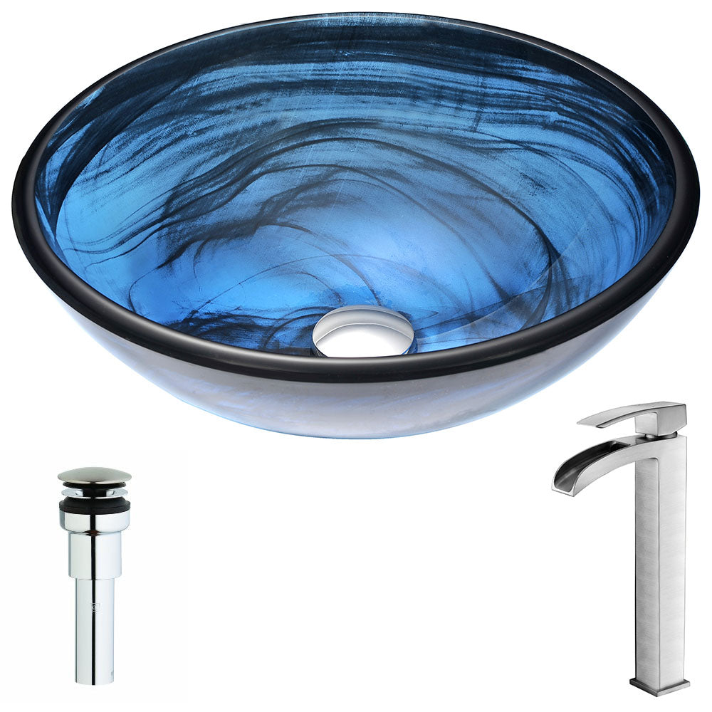 ANZZI LSAZ048-097B Soave Series Deco-Glass Vessel Sink in Sapphire Wisp with Key Faucet in Brushed Nickel