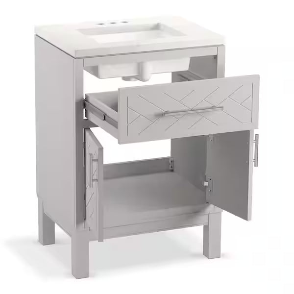 KOHLER Accra 24in. Single Sink Freestanding Atmos Grey Bath Vanity with Bianco Bella Quartz Top Assembled R35897-ASB-AGA