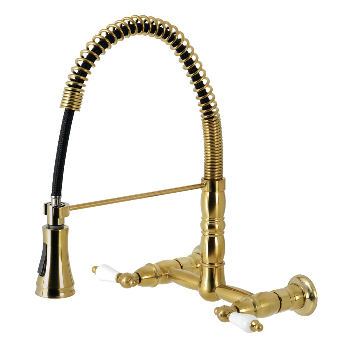 Gourmetier GS1247PL Heritage Two-Handle Wall-Mount Pull-Down Sprayer Kitchen Faucet, Brushed Brass