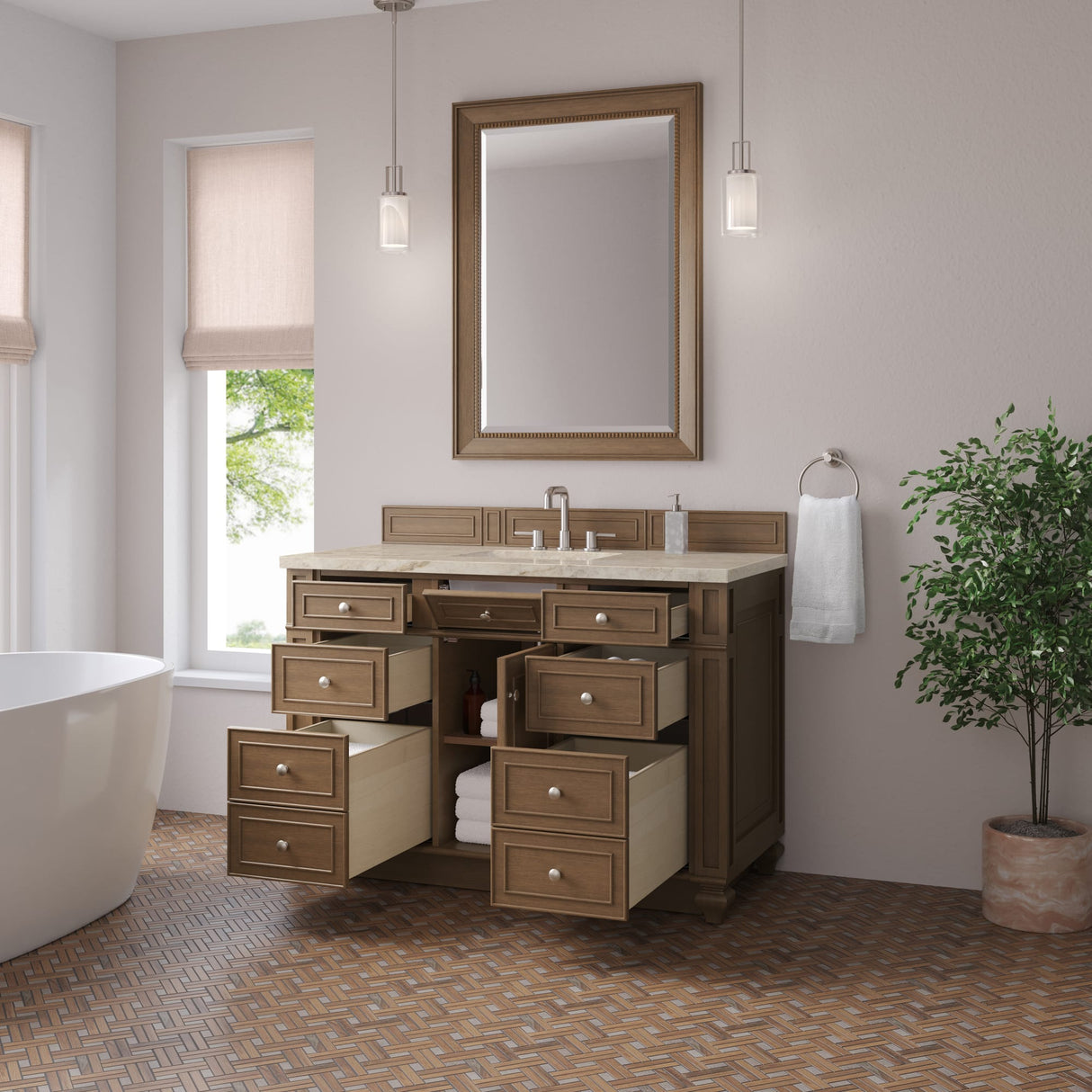 Bristol 48" Single Vanity, Saddle Brown, w/ 3 CM Tajnar Eclos Top w/FreePower Wireless Charger