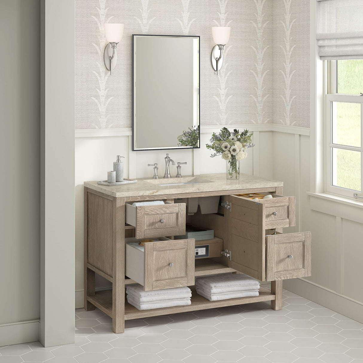Breckenridge 48" Single Vanity, Whitewashed Oak, w/ 3 CM Tajnar Eclos Top w/FreePower Wireless Charger