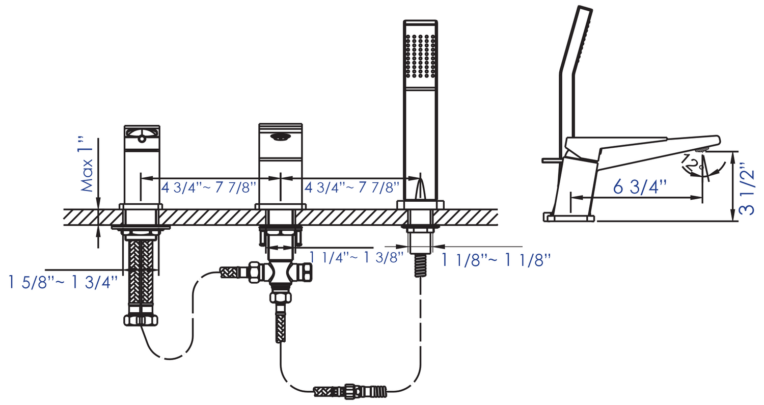 ALFI brand AB2464-PC Polished Chrome Deck Mounted 3 Hole Tub Filler & Shower Head