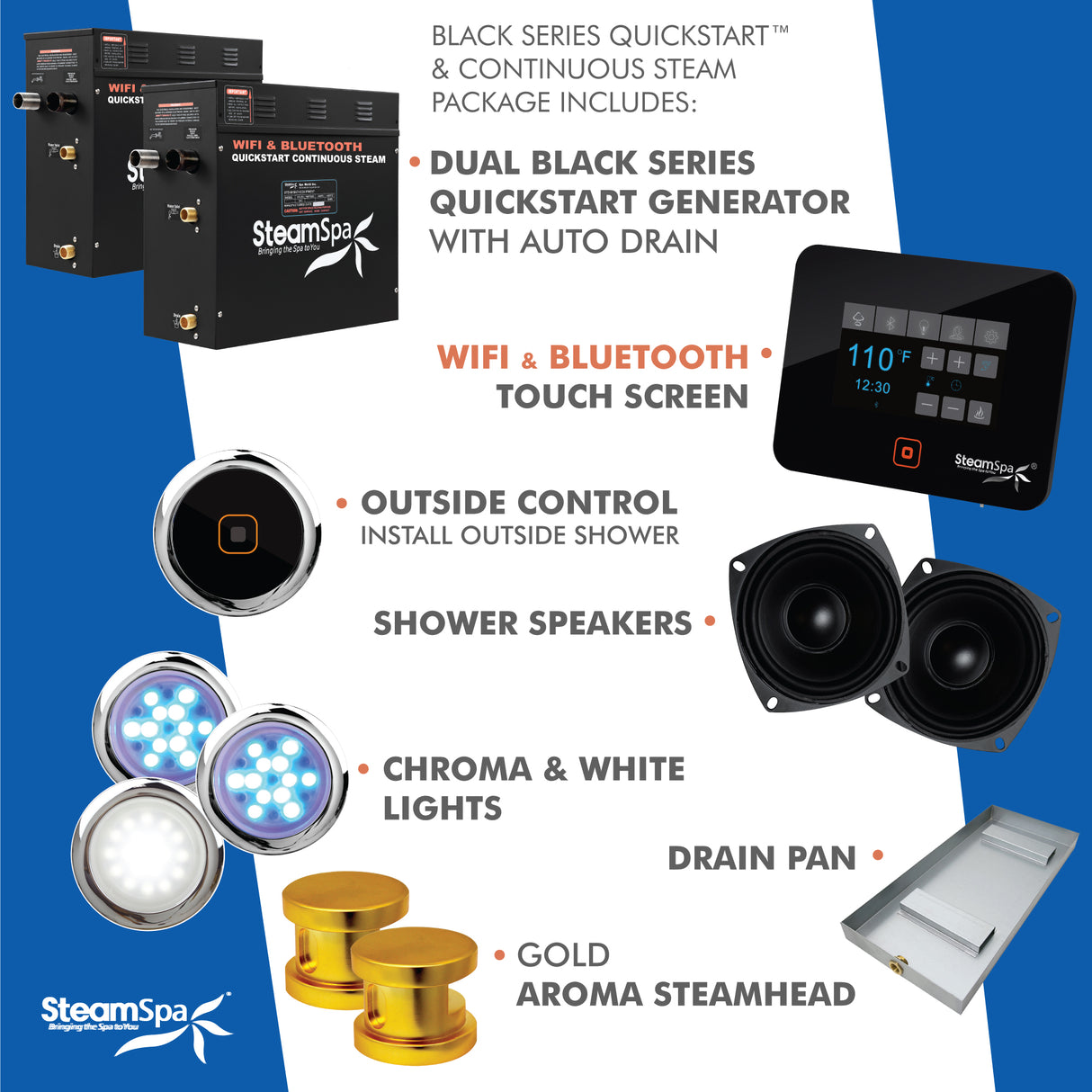 Black Series Wifi and Bluetooth 18kW QuickStart Steam Bath Generator Package in Gold BKT1800GD-A