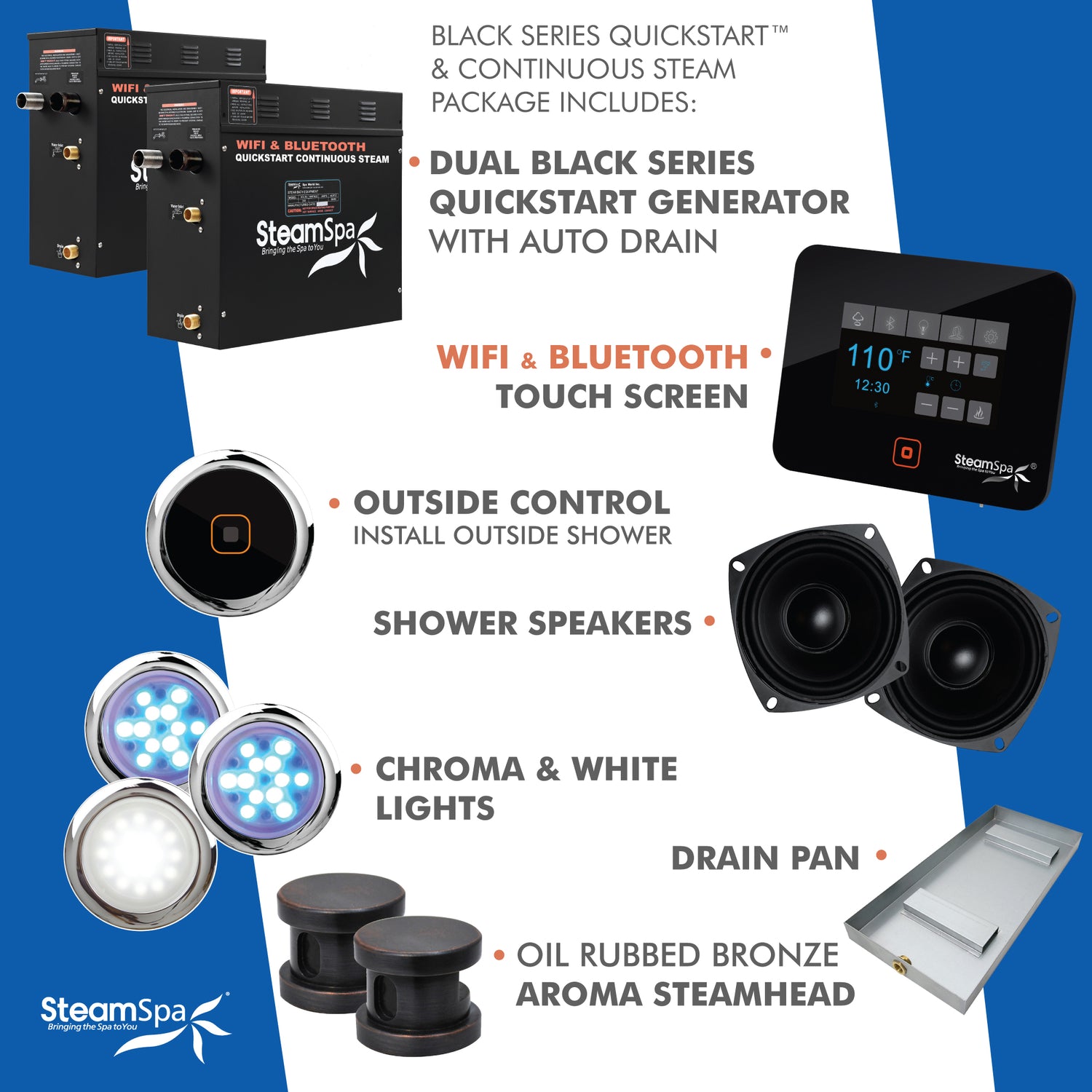 Steam Shower Generator Kit System | Oil Rubbed Bronze + Self Drain Combo| Enclosure Steamer Sauna Spa Stall Package|Touch Screen Wifi App/Bluetooth Control Panel |2x 7.5 kW Raven | RVB1500ORB-A RVB1500ORB-A