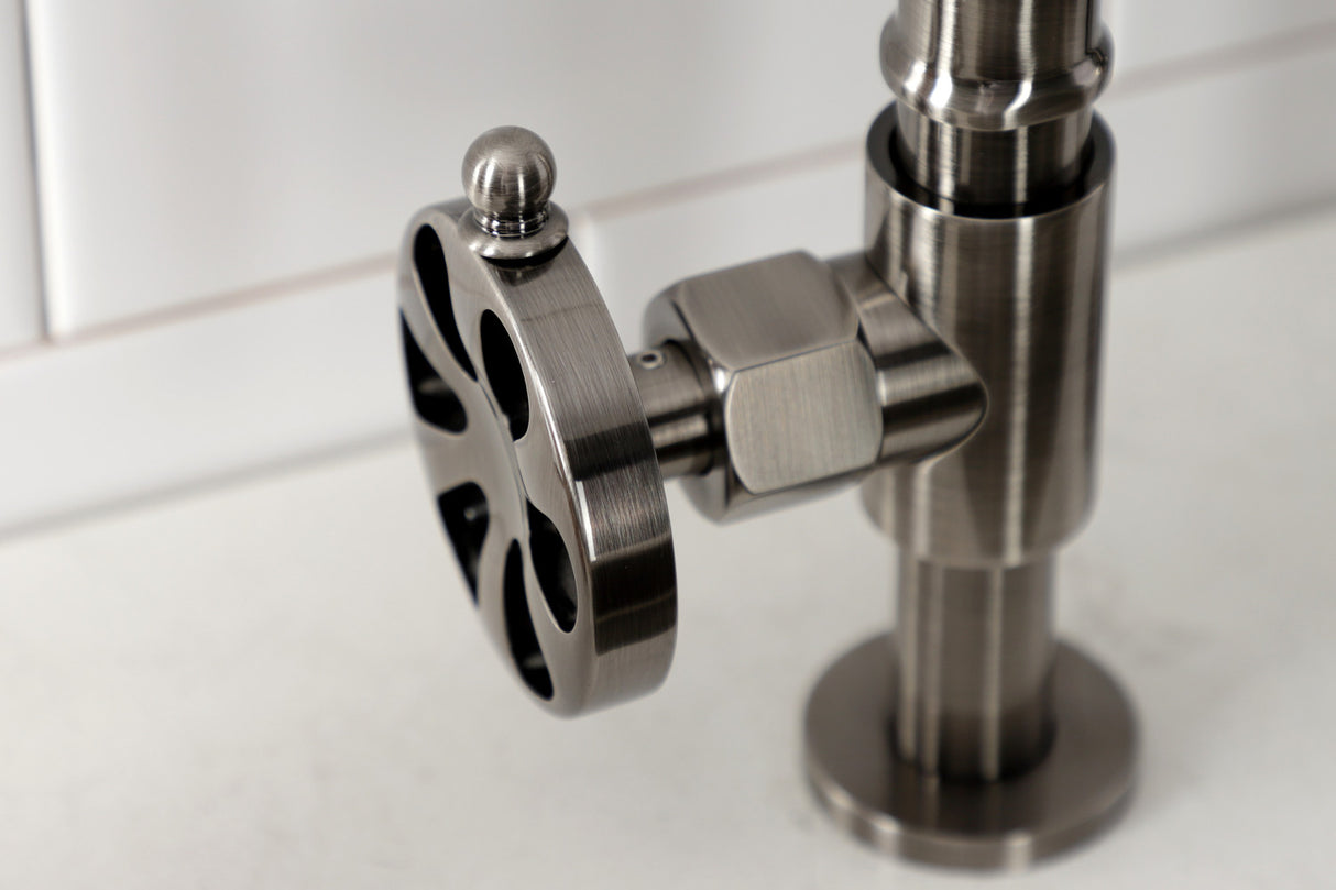 Kingston Brass KS2334RX Belknap Industrial Style Bridge Kitchen Faucet with Brass Sprayer, Black Stainless