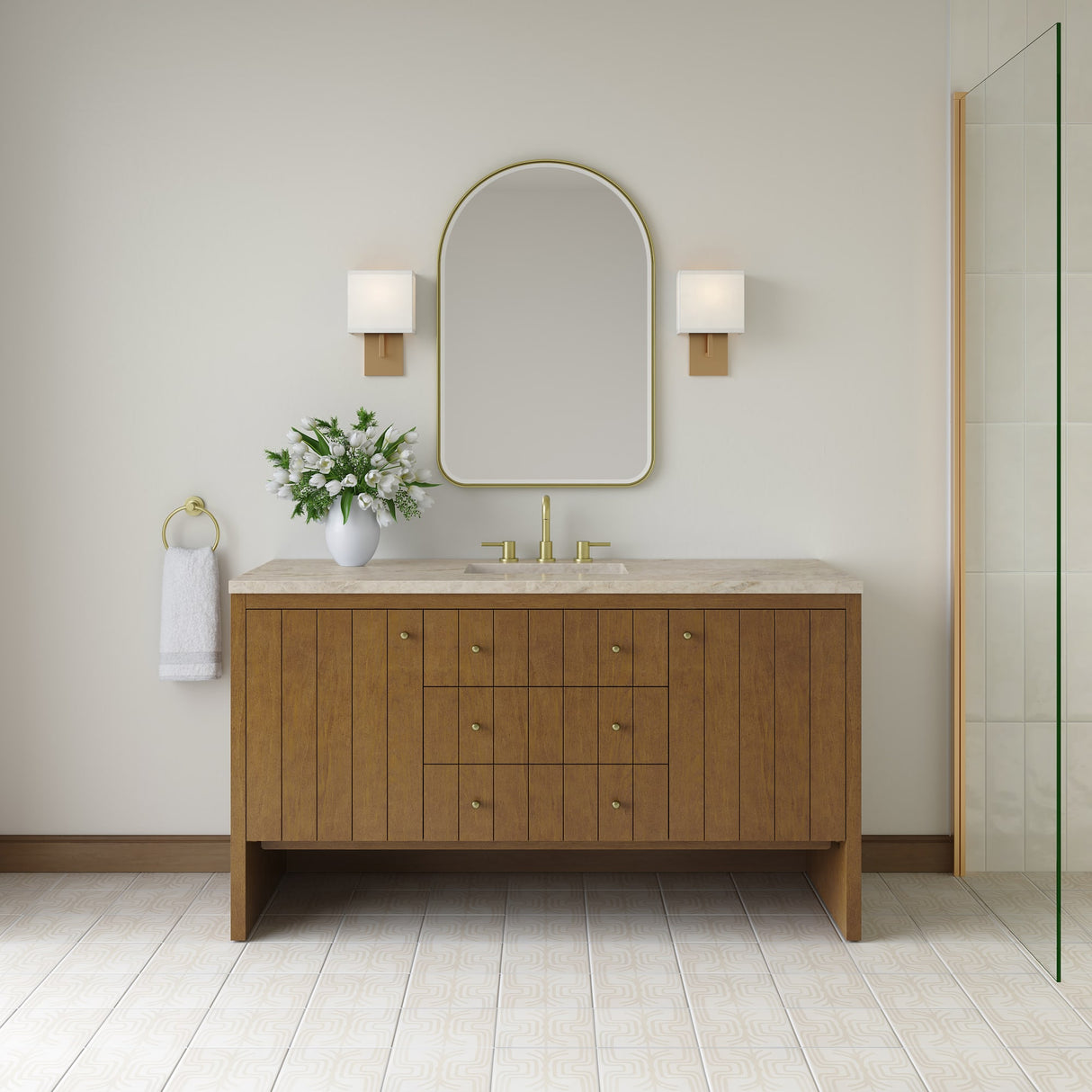 Hudson 60" Single Vanity, Honey Oak w/ 3 CM Tajnar Eclos Top w/FreePower Wireless Charger