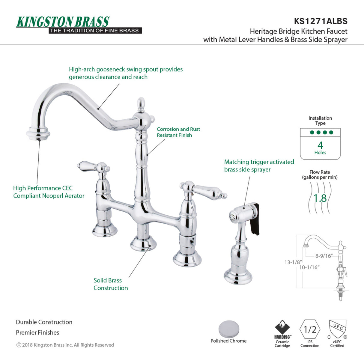Kingston Brass KS1271ALBS Heritage Bridge Kitchen Faucet with Brass Sprayer, Polished Chrome