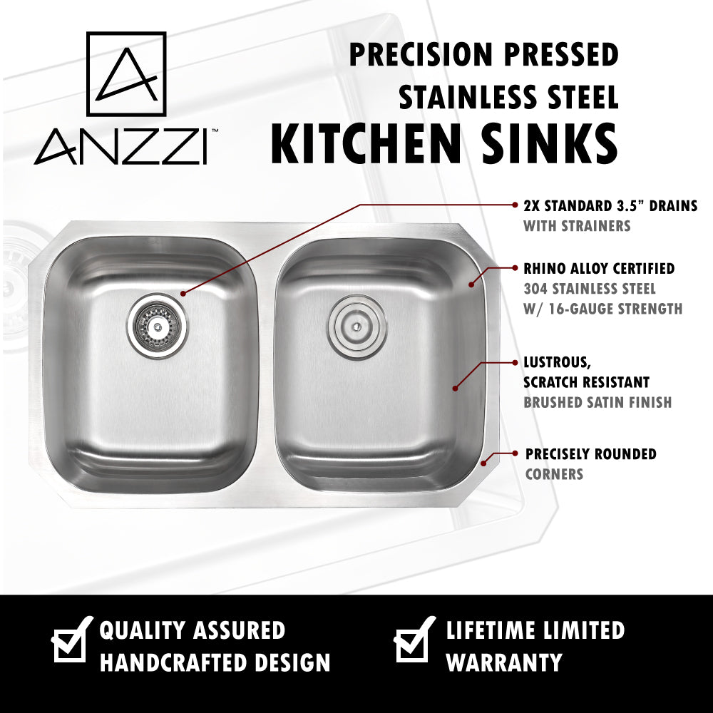 ANZZI KAZ3218-042 MOORE Undermount 32 in. Double Bowl Kitchen Sink with Singer Faucet in Brushed Nickel
