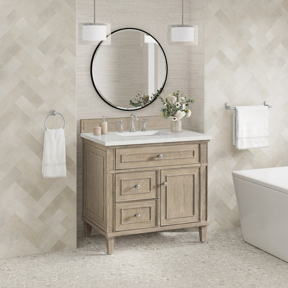 Lorelai 36" Single Vanity, Whitewashed Oak w/ 3 CM Lime Delight Silestone Top