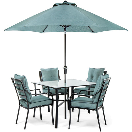 Hanover LAVDN5PC-BLU-SU 5pc Dining Set: 4 Chairs, 1 Square Table, 1 Umbrella, 1 Umb Base