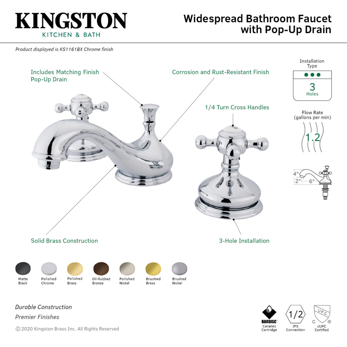 Kingston Brass KS1160BX 8 in. Widespread Bathroom Faucet, Matte Black