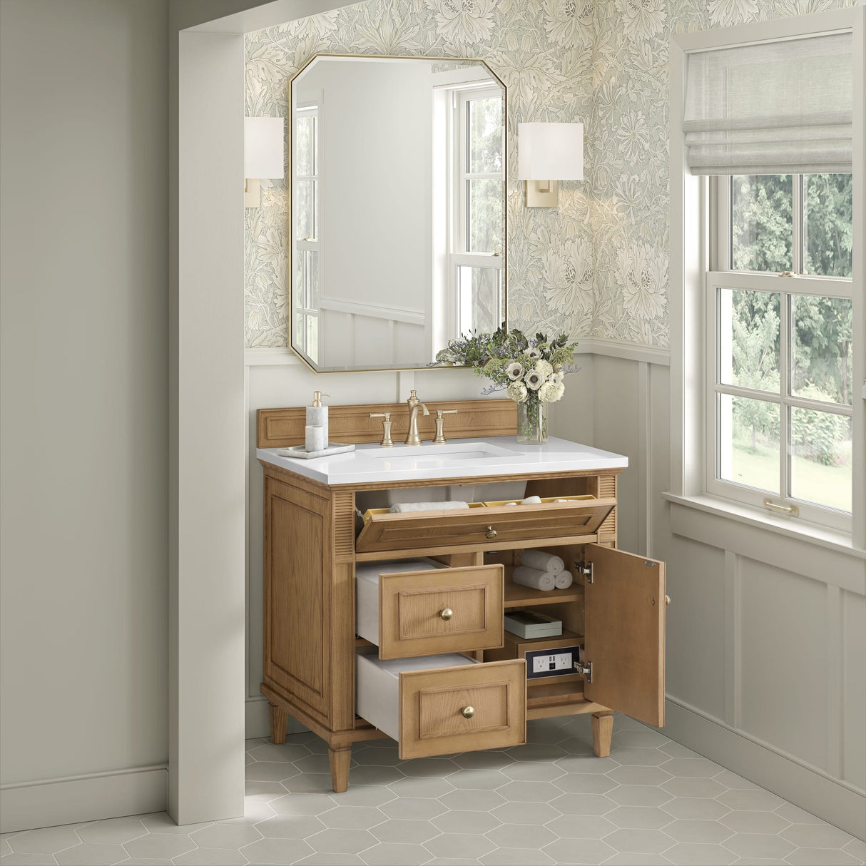 Lorelai 36" Single Vanity, Light Natural Oak w/ 3 CM White Zeus Silestone Top