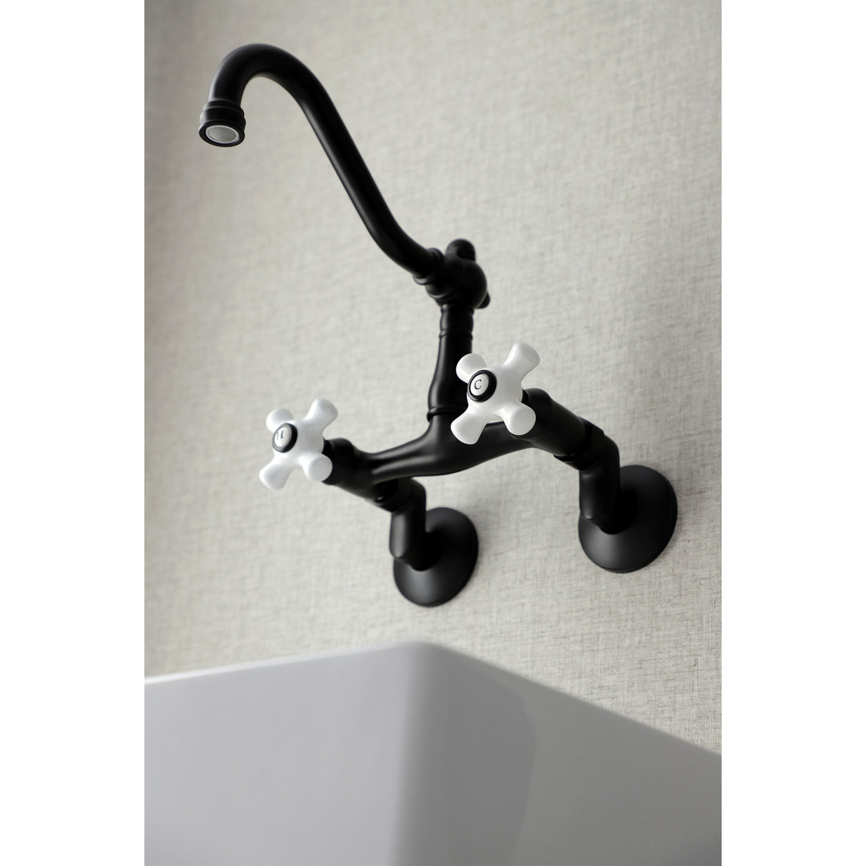 Kingston Brass KS3220PX Vintage 6" Adjustable Center Wall Mount Kitchen Faucet, Matte Black