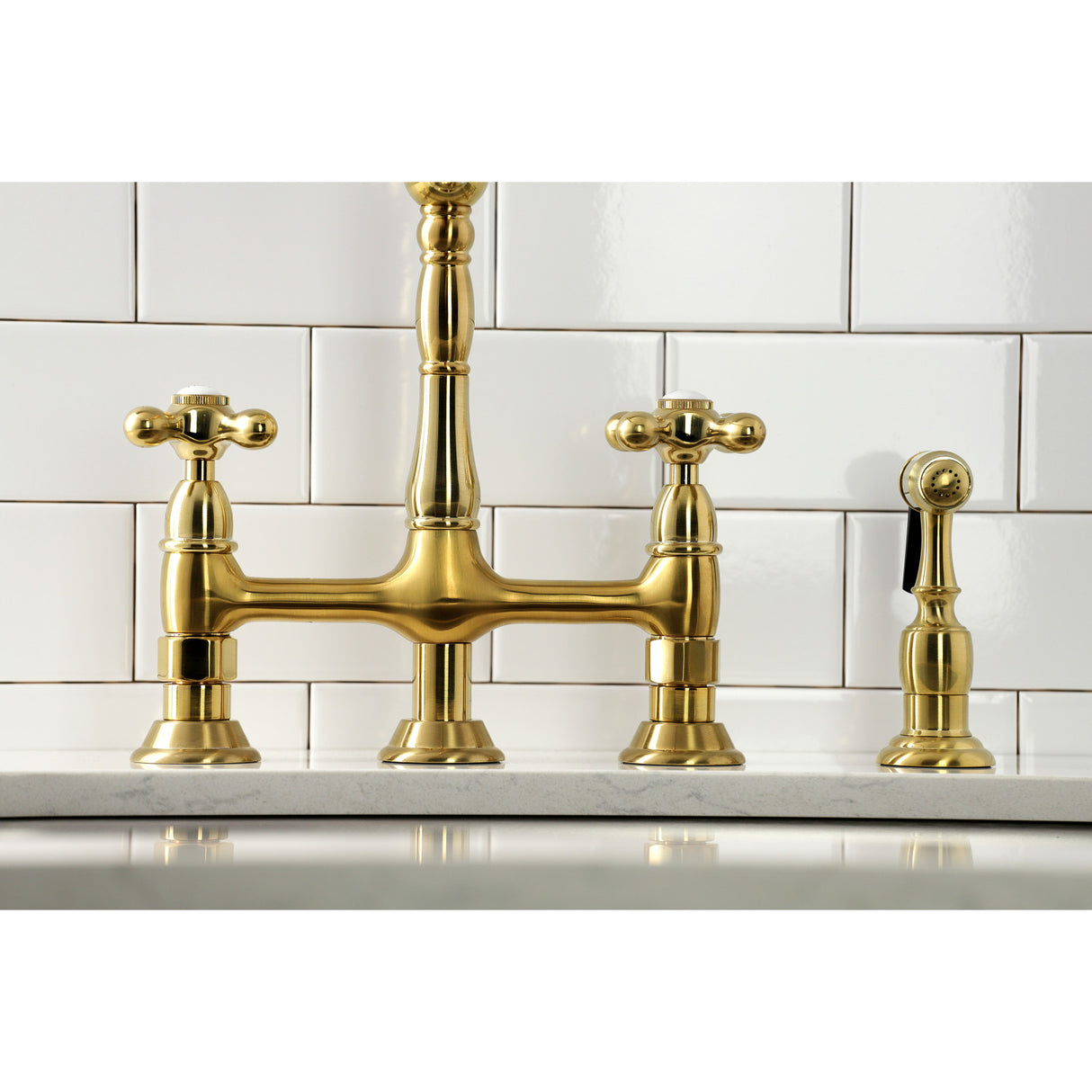 Kingston Brass KS1277AXBS Heritage Bridge Kitchen Faucet with Brass Sprayer, Brushed Brass