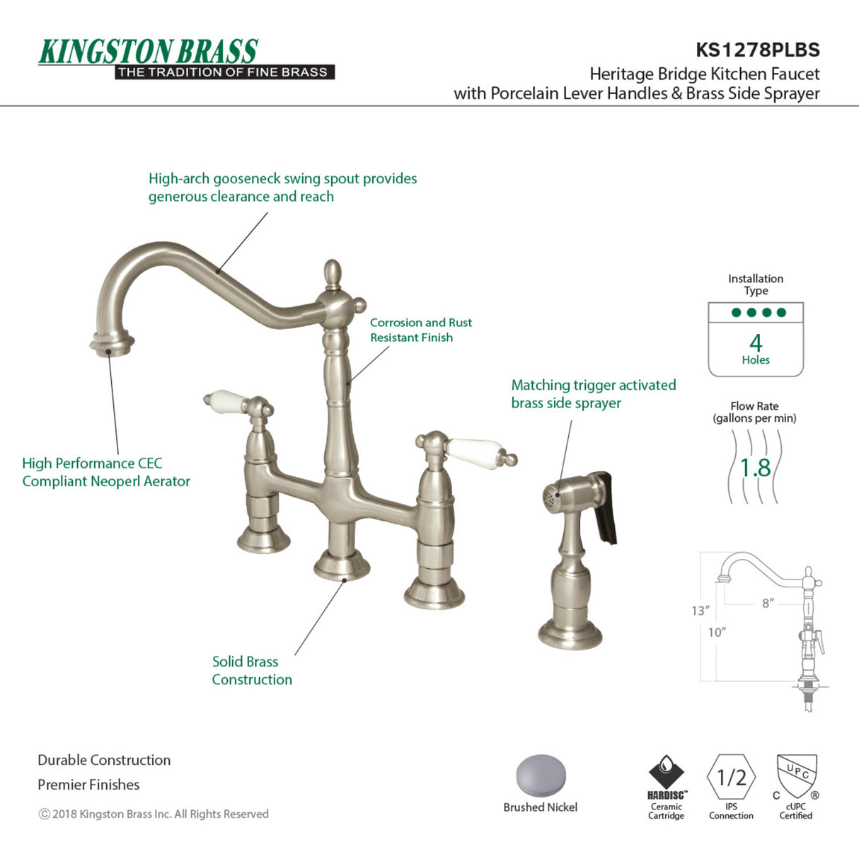 Kingston Brass KS1278PLBS Heritage Bridge Kitchen Faucet with Brass Sprayer, Brushed Nickel