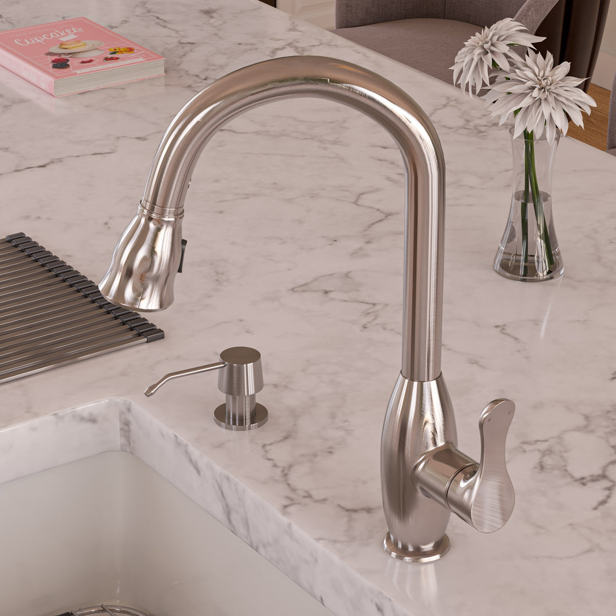 Brushed Nickel Traditional Gooseneck Pull Down Kitchen Faucet