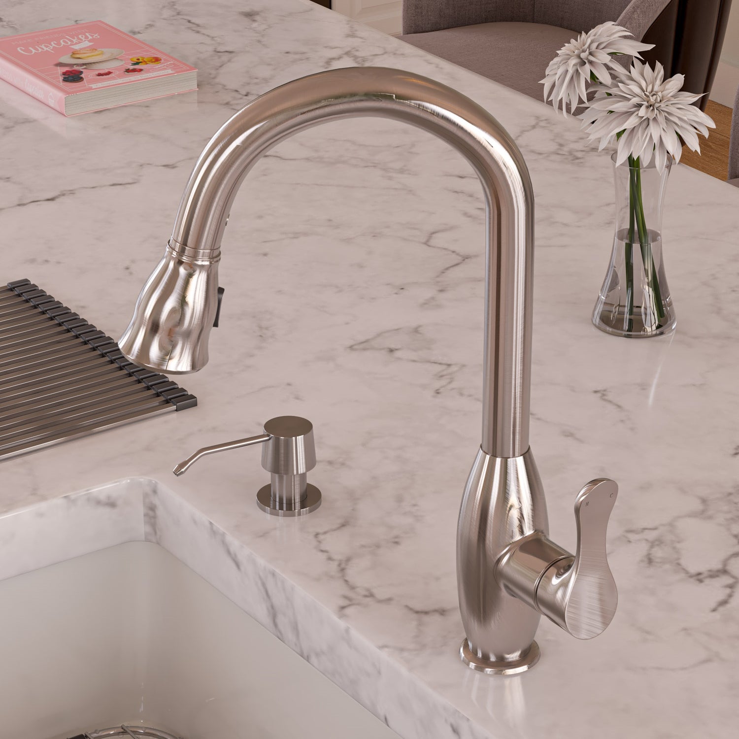 Brushed Nickel Traditional Gooseneck Pull Down Kitchen Faucet