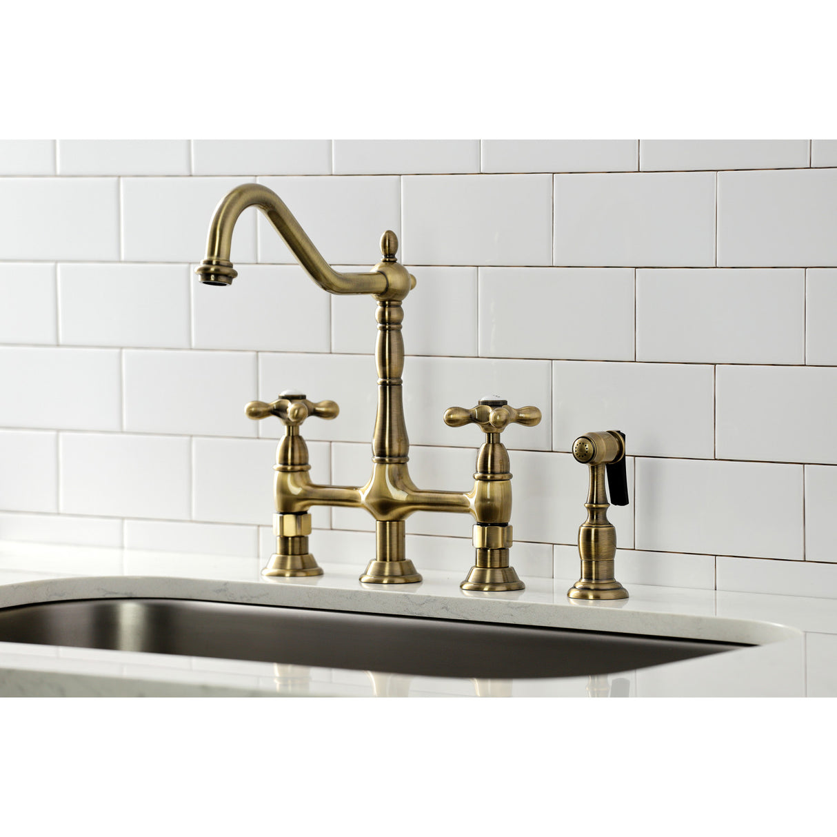 Kingston Brass KS1273AXBS Heritage Bridge Kitchen Faucet with Brass Sprayer, Antique Brass