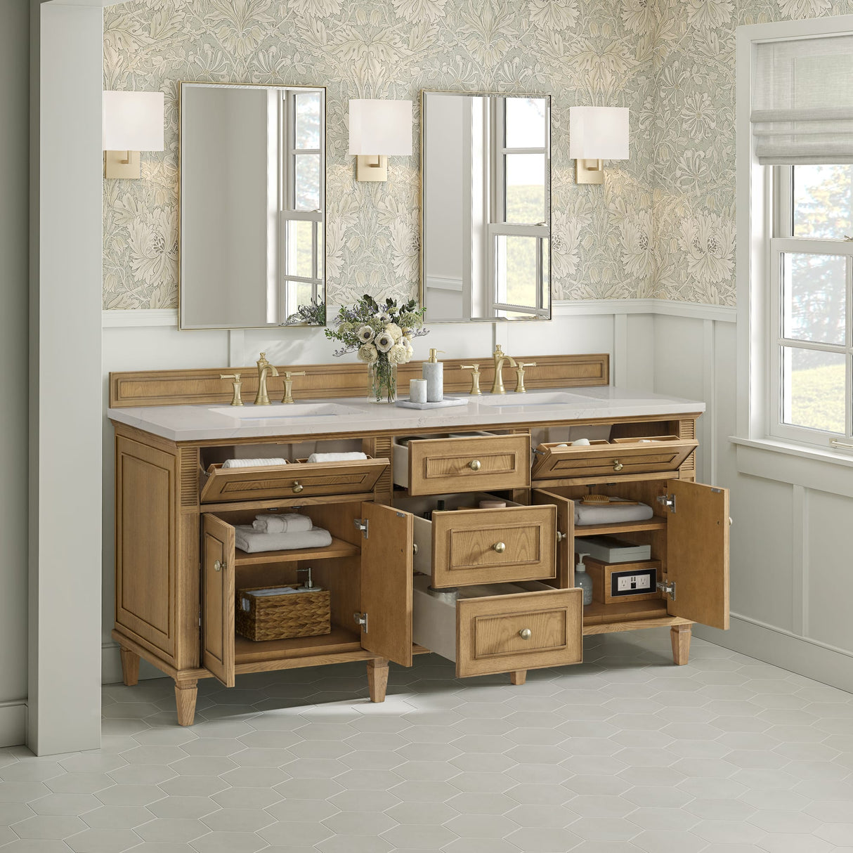 Lorelai 72" Double Vanity, Light Natural Oak, w/ 3 CM Siberian Silestone Top w/FreePower Wireless Charger