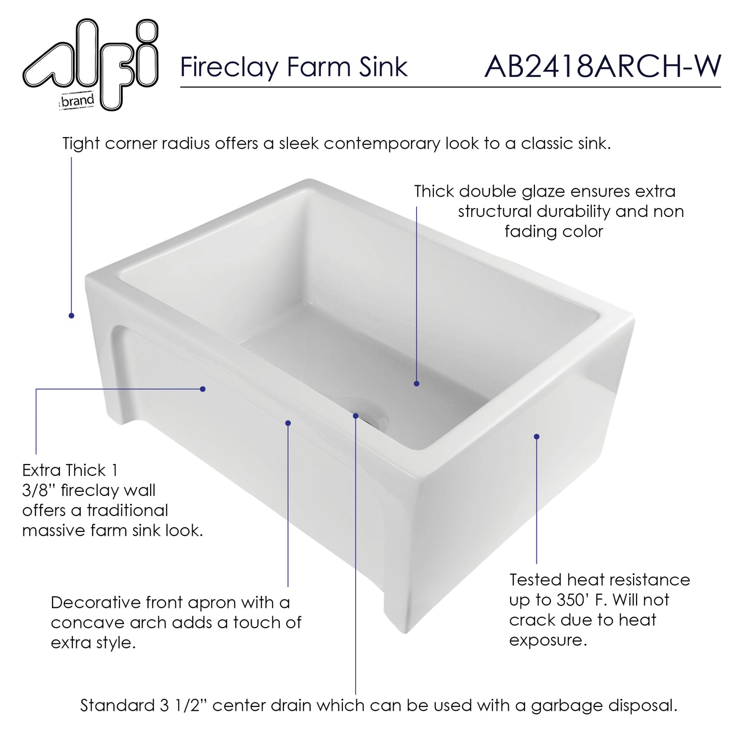 ALFI brand AB2418ARCH-W  24" White Arched Apron Thick Wall Fireclay Single Bowl Farm Sink