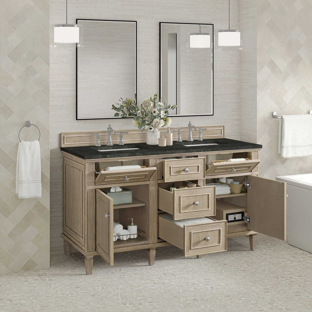 Lorelai 60" Double Vanity, Whitewashed Oak, w/ 3 CM Phantome Eclos Top