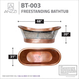 ANZZI BT-003 Theodosius 68 in. Handmade Copper Double Slipper Flatbottom Non-Whirlpool Bathtub in Polished Antique Copper