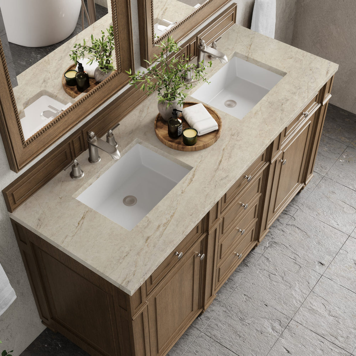 Bristol 60" Double Vanity, Saddle Brown, w/ 3 CM Tajnar Eclos Top