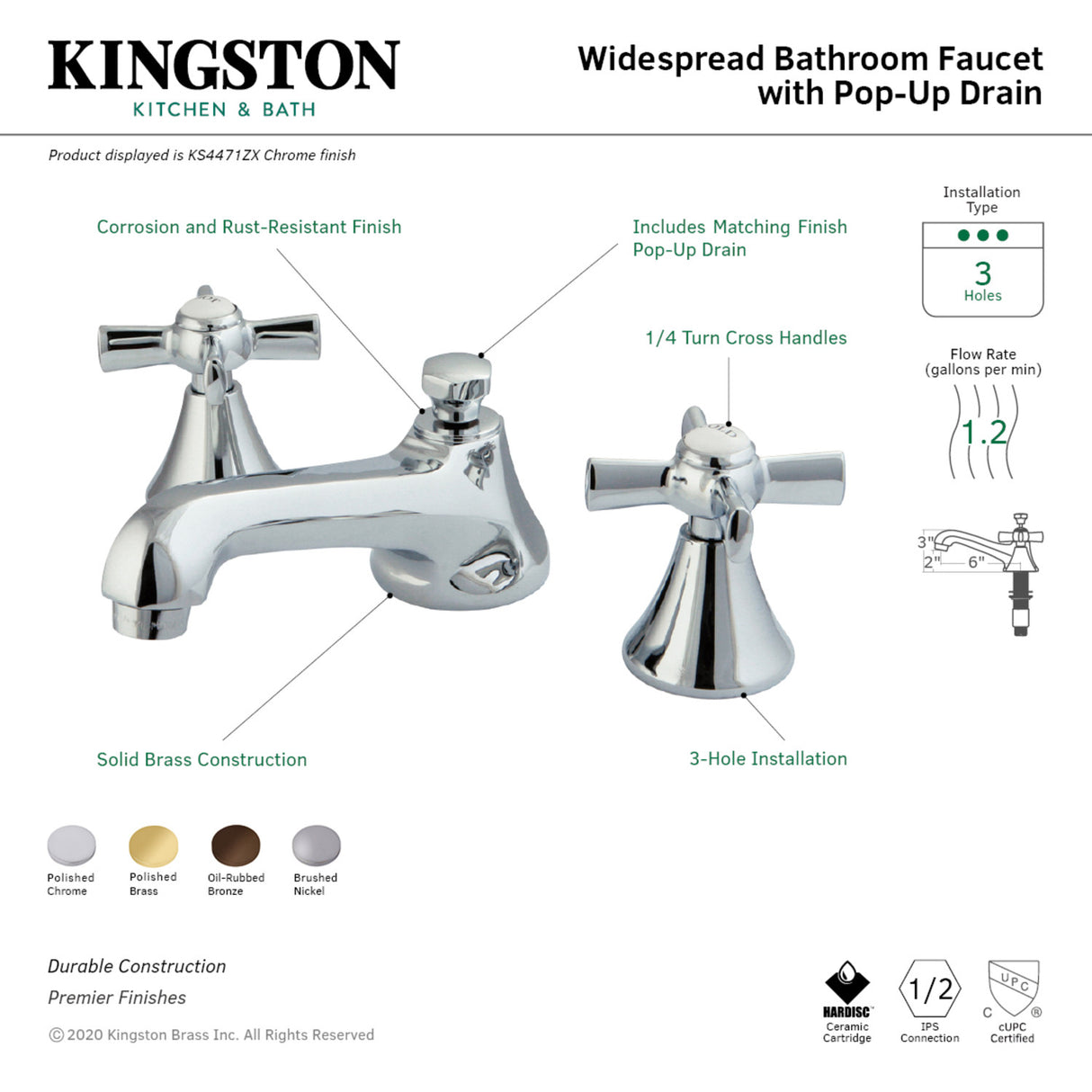 Kingston Brass KS4471ZX 8 in. Widespread Bathroom Faucet, Polished Chrome